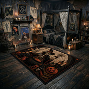 spooky black cat and pumpkins faux velvet Halloween area rug, wide interior view