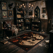 spooky black cat and pumpkins faux velvet Halloween area rug, design detail view