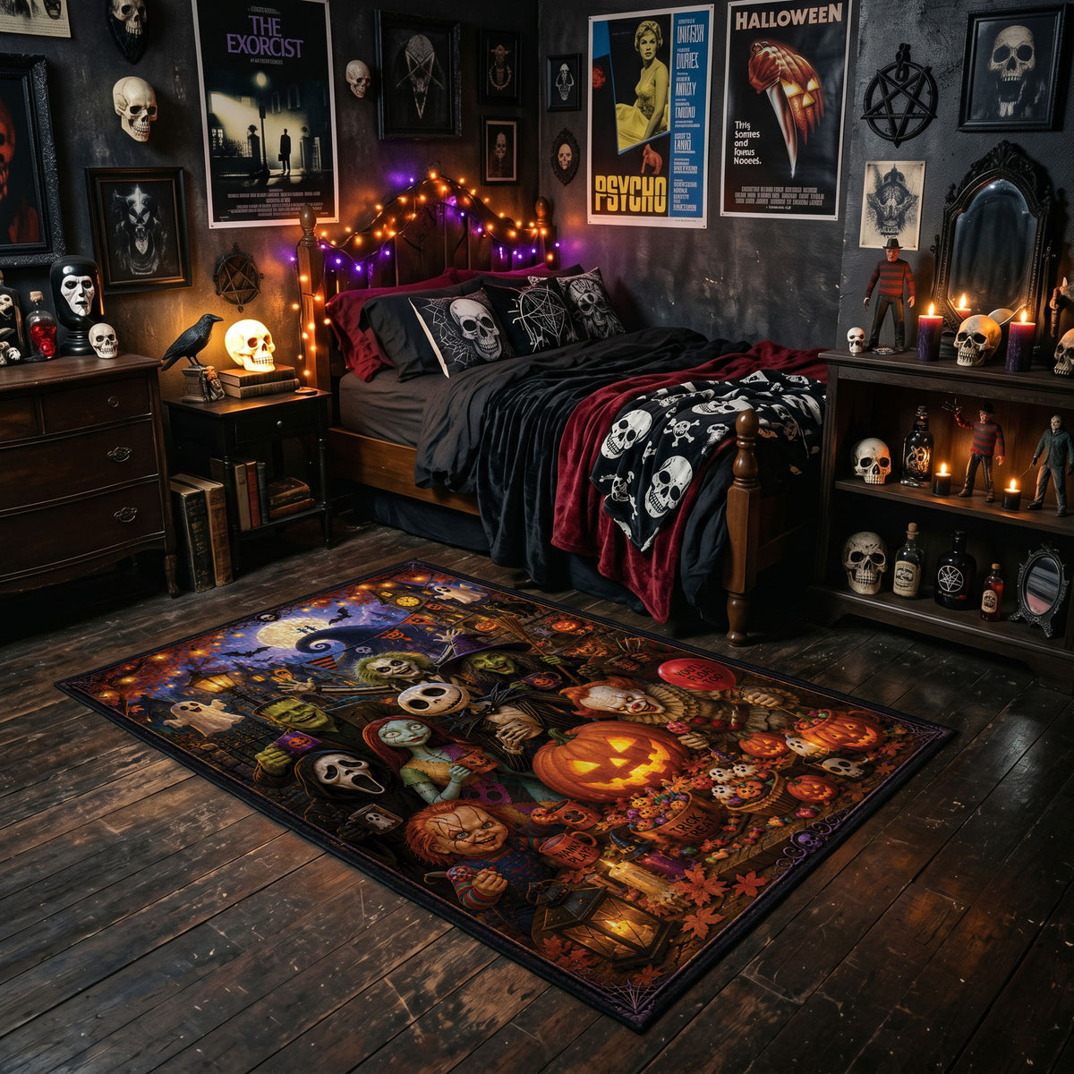 moonlit pumpkin patch collage faux velvet Halloween area rug, featured room view