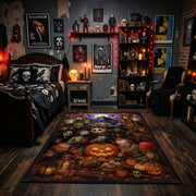 moonlit pumpkin patch collage faux velvet Halloween area rug, cozy home setting