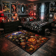 moonlit pumpkin patch collage faux velvet Halloween area rug, wood floor styling