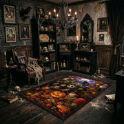 moonlit pumpkin patch collage faux velvet Halloween area rug, design detail view