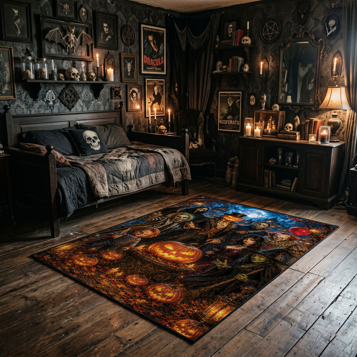 witchy moonlit pumpkin scene faux velvet Halloween area rug, featured room view