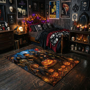 witchy moonlit pumpkin scene faux velvet Halloween area rug, cozy home setting