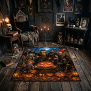 witchy moonlit pumpkin scene faux velvet Halloween area rug, full pattern view