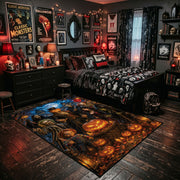 witchy moonlit pumpkin scene faux velvet Halloween area rug, soft surface detail