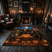 witchy moonlit pumpkin scene faux velvet Halloween area rug, wood floor styling