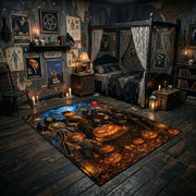 witchy moonlit pumpkin scene faux velvet Halloween area rug, front room mockup