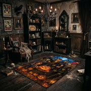 witchy moonlit pumpkin scene faux velvet Halloween area rug, wide interior view