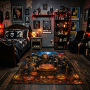 witchy moonlit pumpkin scene faux velvet Halloween area rug, design detail view