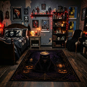 black cat beneath a purple moon faux velvet Halloween area rug, featured room view