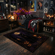 black cat beneath a purple moon faux velvet Halloween area rug, cozy home setting