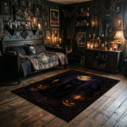 black cat beneath a purple moon faux velvet Halloween area rug, full pattern view