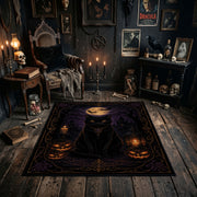 black cat beneath a purple moon faux velvet Halloween area rug, soft surface detail