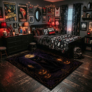 black cat beneath a purple moon faux velvet Halloween area rug, wood floor styling