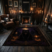 black cat beneath a purple moon faux velvet Halloween area rug, close decorative detail