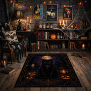 black cat beneath a purple moon faux velvet Halloween area rug, front room mockup