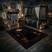 black cat beneath a purple moon faux velvet Halloween area rug, wide interior view