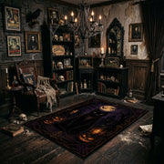 black cat beneath a purple moon faux velvet Halloween area rug, design detail view