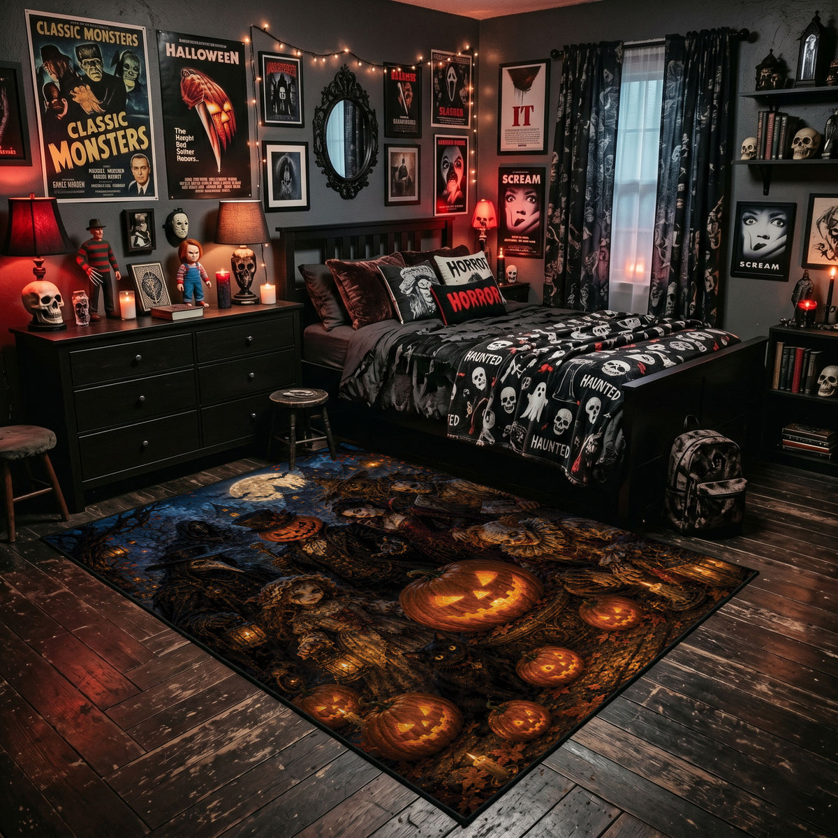 grinning pumpkins in the night faux velvet Halloween area rug, featured room view