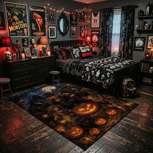 grinning pumpkins in the night faux velvet Halloween area rug, featured room view
