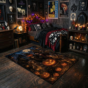 grinning pumpkins in the night faux velvet Halloween area rug, cozy home setting