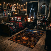 grinning pumpkins in the night faux velvet Halloween area rug, angled room view