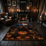 grinning pumpkins in the night faux velvet Halloween area rug, wood floor styling