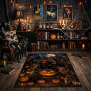 grinning pumpkins in the night faux velvet Halloween area rug, close decorative detail