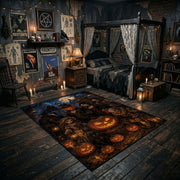 grinning pumpkins in the night faux velvet Halloween area rug, front room mockup