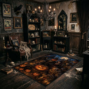 grinning pumpkins in the night faux velvet Halloween area rug, wide interior view