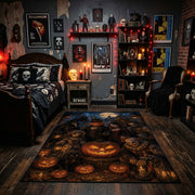 grinning pumpkins in the night faux velvet Halloween area rug, design detail view