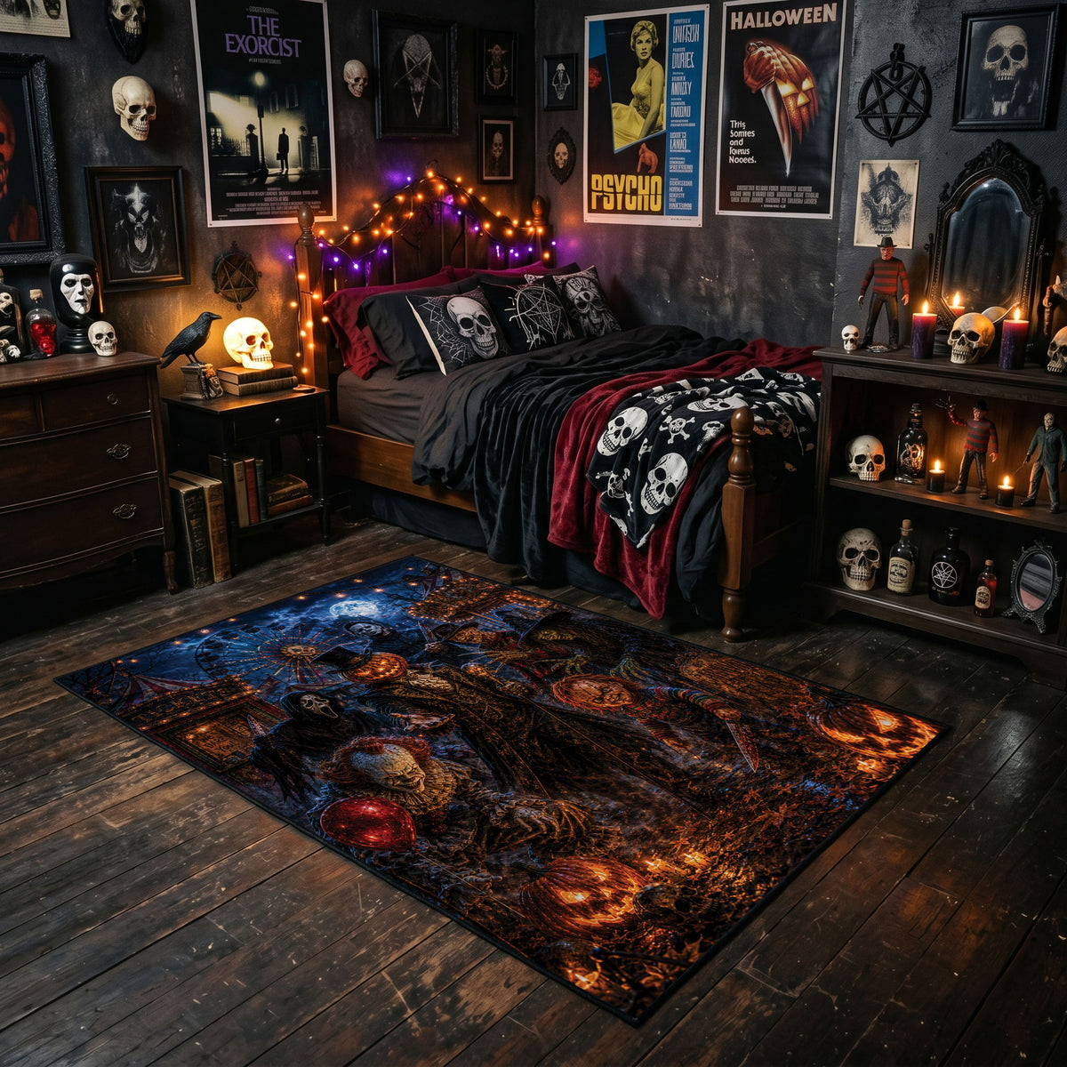 gothic cat and pumpkin scene faux velvet Halloween area rug, featured room view