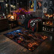 gothic cat and pumpkin scene faux velvet Halloween area rug, featured room view