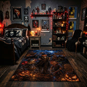 gothic cat and pumpkin scene faux velvet Halloween area rug, cozy home setting