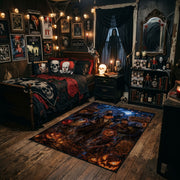 gothic cat and pumpkin scene faux velvet Halloween area rug, angled room view
