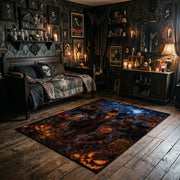 gothic cat and pumpkin scene faux velvet Halloween area rug, full pattern view