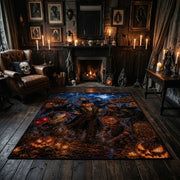 gothic cat and pumpkin scene faux velvet Halloween area rug, close decorative detail