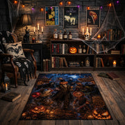 gothic cat and pumpkin scene faux velvet Halloween area rug, front room mockup