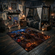 gothic cat and pumpkin scene faux velvet Halloween area rug, wide interior view