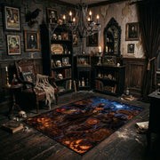 gothic cat and pumpkin scene faux velvet Halloween area rug, design detail view