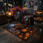 vintage pumpkin harvest scene faux velvet Halloween area rug, cozy home setting