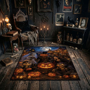 vintage pumpkin harvest scene faux velvet Halloween area rug, soft surface detail