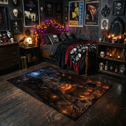 spooky cat in a moonlit pumpkin garden faux velvet Halloween area rug, cozy home setting