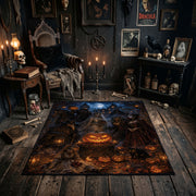spooky cat in a moonlit pumpkin garden faux velvet Halloween area rug, full pattern view