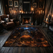 spooky cat in a moonlit pumpkin garden faux velvet Halloween area rug, wood floor styling