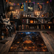 spooky cat in a moonlit pumpkin garden faux velvet Halloween area rug, close decorative detail