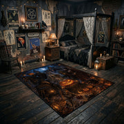 spooky cat in a moonlit pumpkin garden faux velvet Halloween area rug, front room mockup