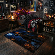 midnight witch and glowing pumpkin faux velvet Halloween area rug, cozy home setting