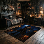 midnight witch and glowing pumpkin faux velvet Halloween area rug, full pattern view